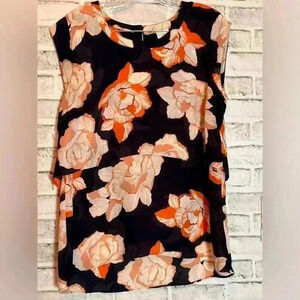 CAbi Blossom Floral top navy ,orange, And Cream  sz Medium Tiered‎ Layers
